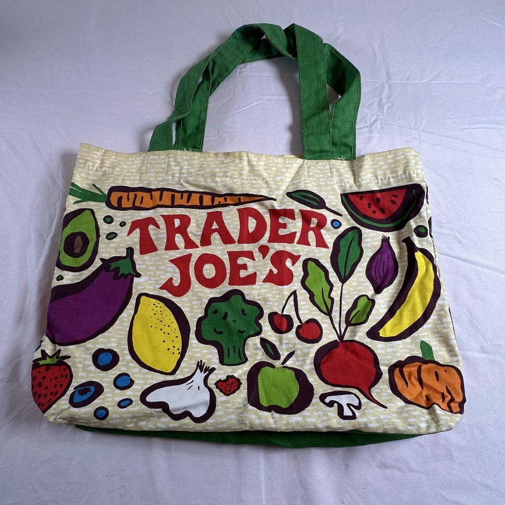 Trader Joe's Shopping Bag Tote Fabric Reusable Fruits Vegetables Very Colorful!